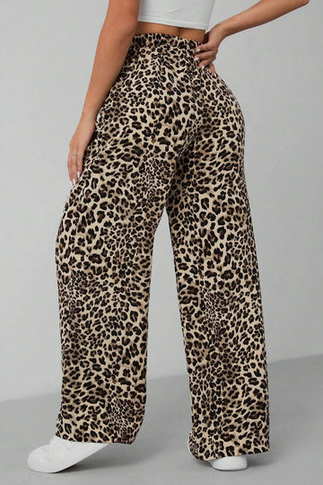 High Waist Leopard Print Drawstring Decor Wide Leg Trousers